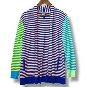 Lands' End Striped Cardigan Sweater L 14-16 Blue Multi 100% Cotton‎ Artsy Funky